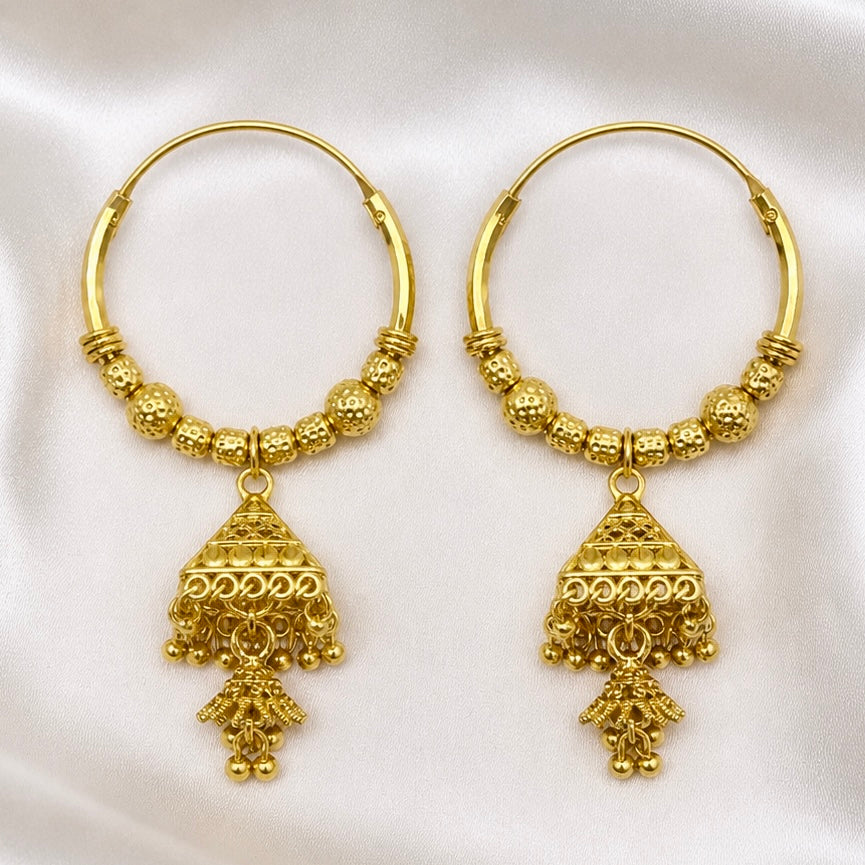 Gold Hoop Earrings with Triangular Jhumka | Traditional Handmade