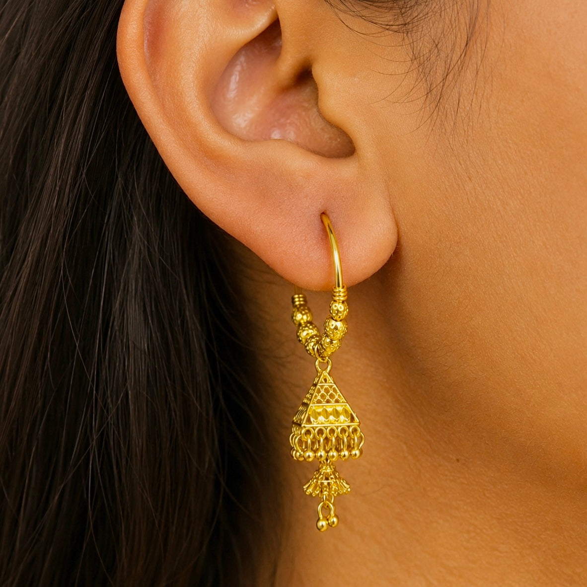 Gold Hoop Earrings with Triangular Jhumka | Traditional Handmade