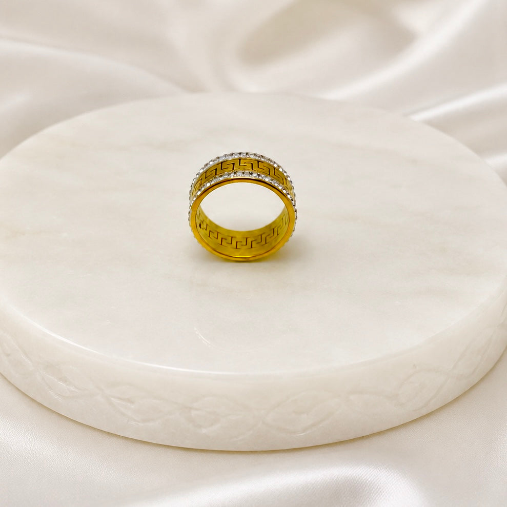18K Gold Plated Greek Pattern Ring | Anti Tarnish AD Stone Statement Ring Pricing