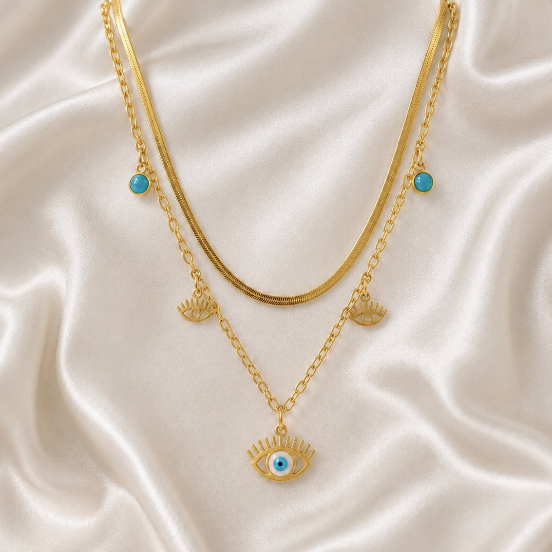 18K Gold Plated Evil Eye Layered Snake Chain Necklace | Anti Tarnish Adjustable Double Layer Chain