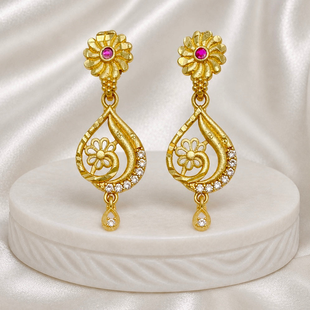 Floral AD & Ruby Drop Earrings – Micro plated Gold | Daily Wear Elegance