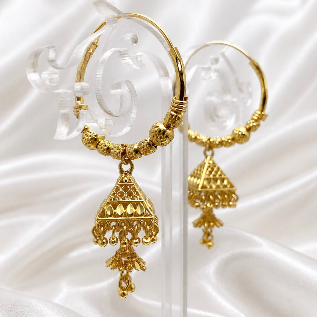 Gold Hoop Earrings with Triangular Jhumka | Traditional Handmade