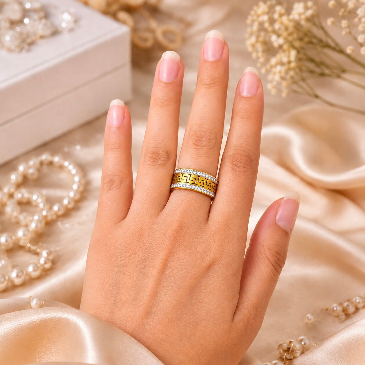18K Gold Plated Greek Pattern Ring | Anti Tarnish AD Stone Statement Ring Pricing