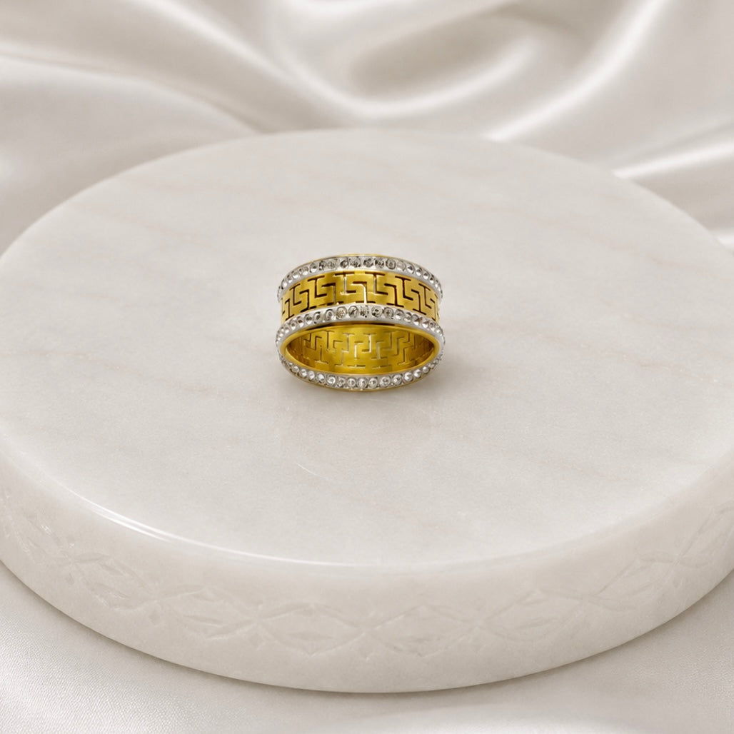 18K Gold Plated Greek Pattern Ring | Anti Tarnish AD Stone Statement Ring Pricing