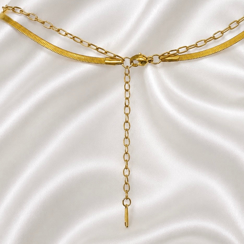 18K Gold Plated Evil Eye Layered Snake Chain Necklace | Anti Tarnish Adjustable Double Layer Chain