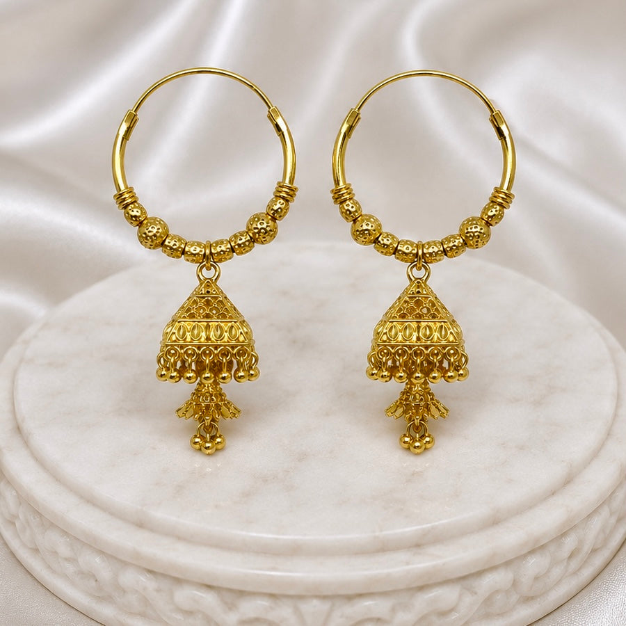 Gold Hoop Earrings with Triangular Jhumka | Traditional Handmade