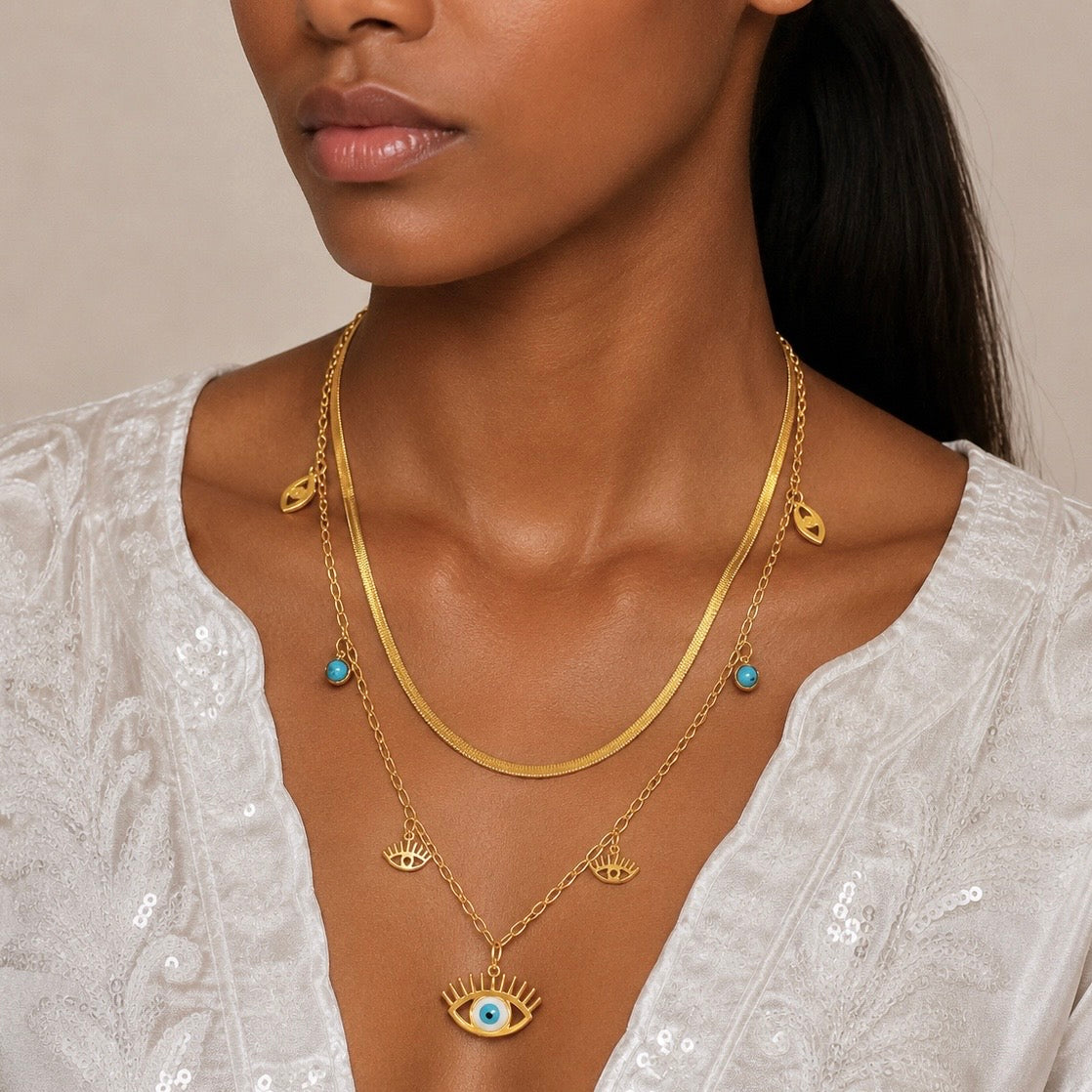 18K Gold Plated Evil Eye Layered Snake Chain Necklace | Anti Tarnish Adjustable Double Layer Chain