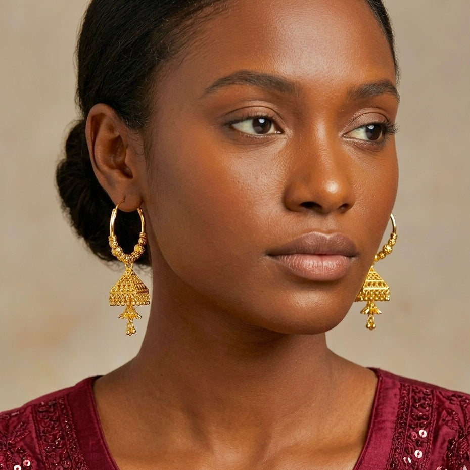 Gold Hoop Earrings with Triangular Jhumka | Traditional Handmade