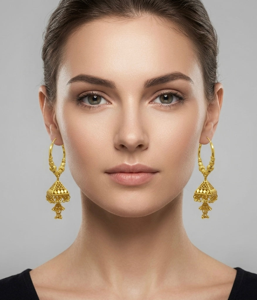 Gold Hoop Earrings with Triangular Jhumka | Traditional Handmade