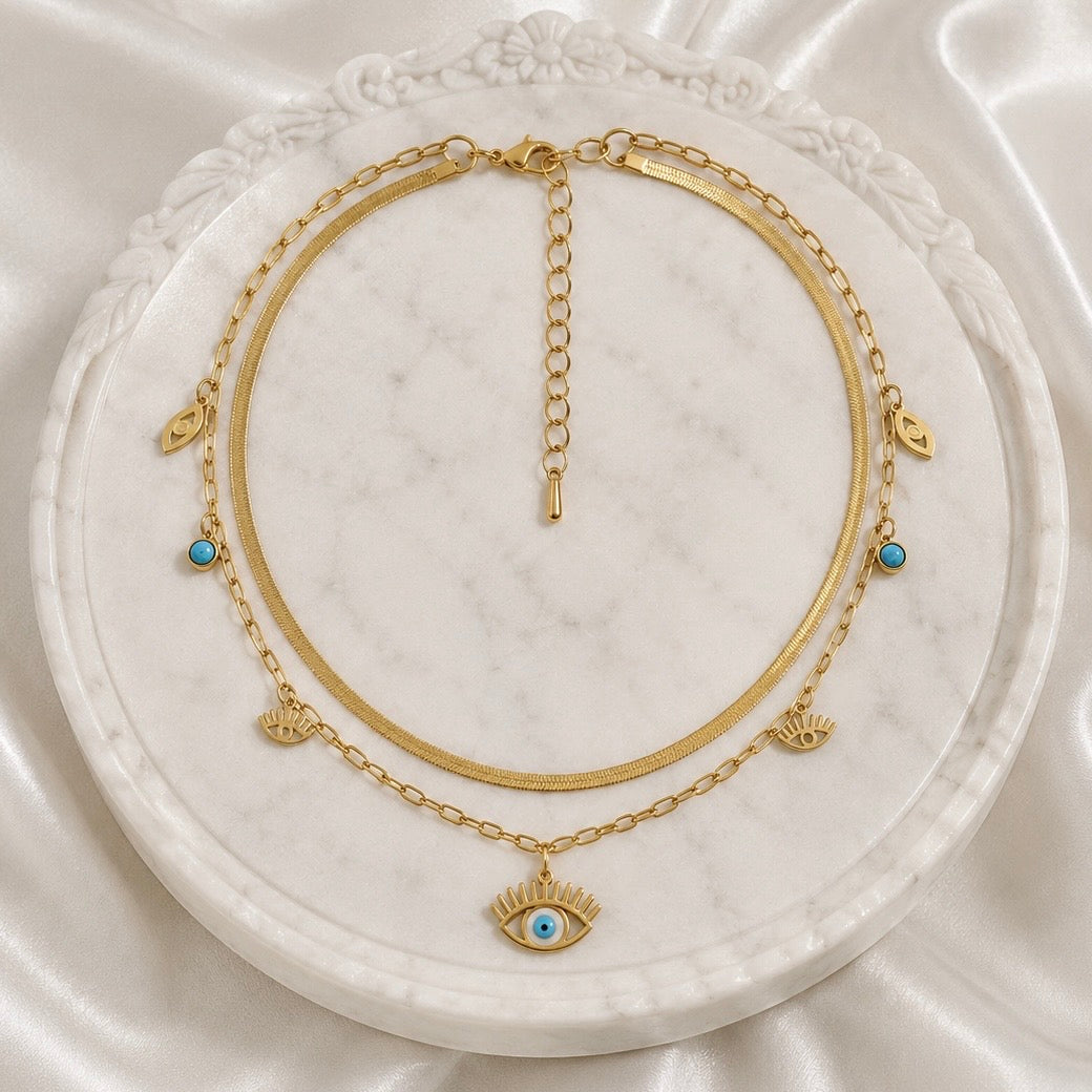 18K Gold Plated Evil Eye Layered Snake Chain Necklace | Anti Tarnish Adjustable Double Layer Chain