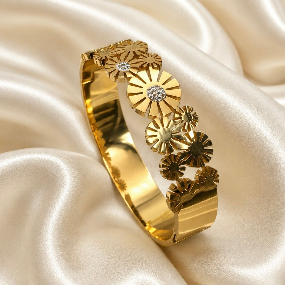 Premium Gold-Plated Floral Motif Anti Tarnish Cuff Bracelet | High Shine Designer Bracelet