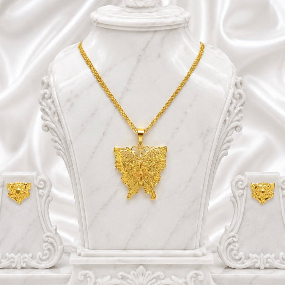 Butterfly Motif Pendant Necklace Set | Micro Gold Plated Handcrafted Jewellery with Earrings