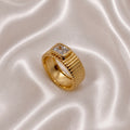 Rose Gold Plated Ribbed Statement Ring with Rectangular AD Stone | Anti Tarnish Designer Ring