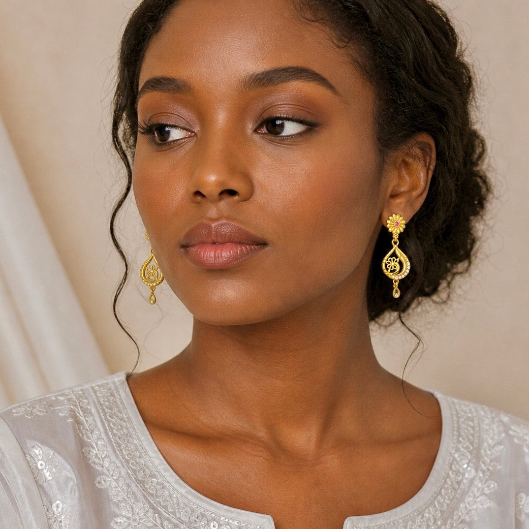 Floral Ruby & AD Drop Earrings – Micro plated Gold Elegance