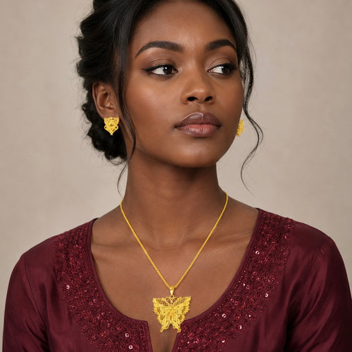 Butterfly Motif Pendant Necklace Set | Micro Gold Plated Handcrafted Jewellery with Earrings