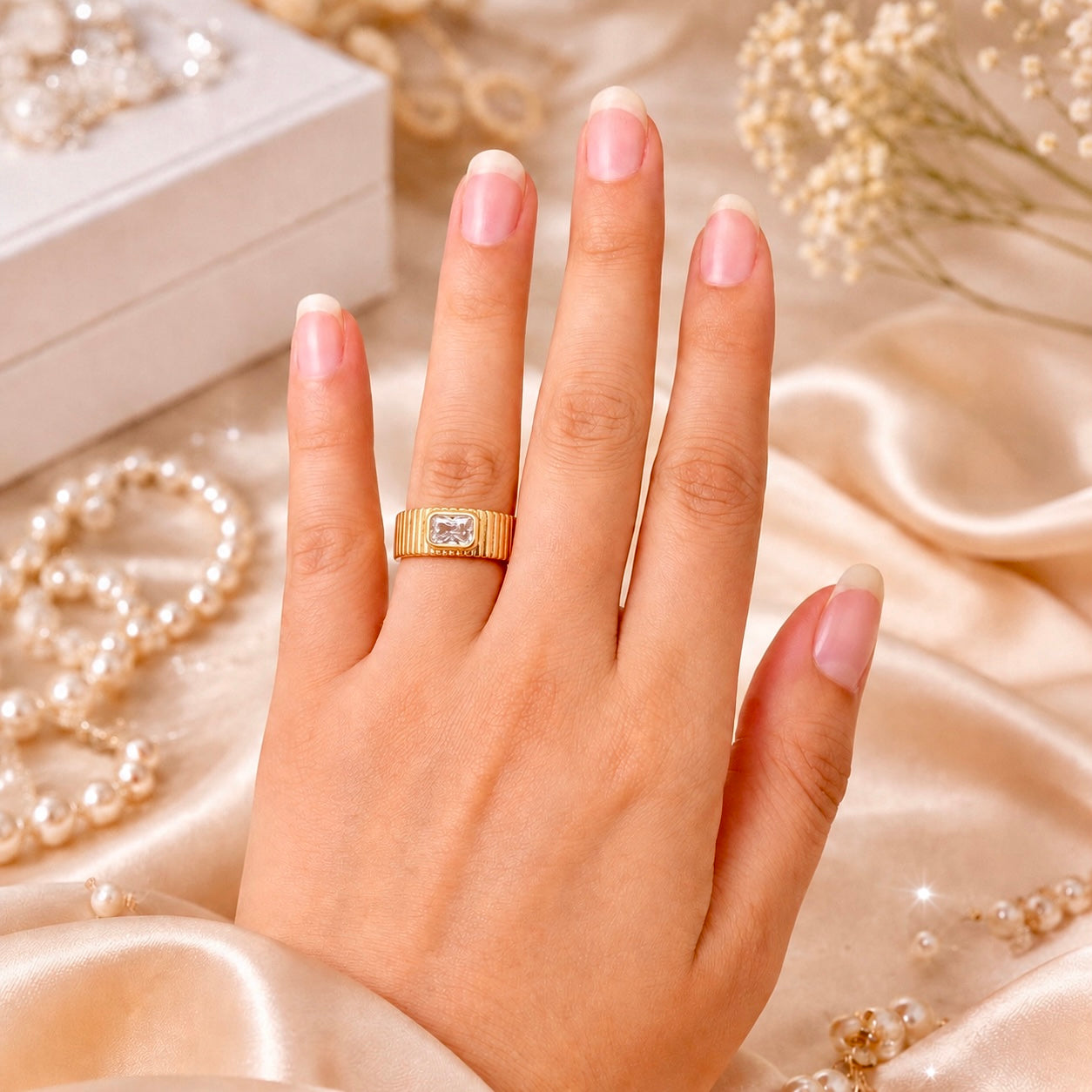 Rose Gold Plated Ribbed Statement Ring with Rectangular AD Stone | Anti Tarnish Designer Ring