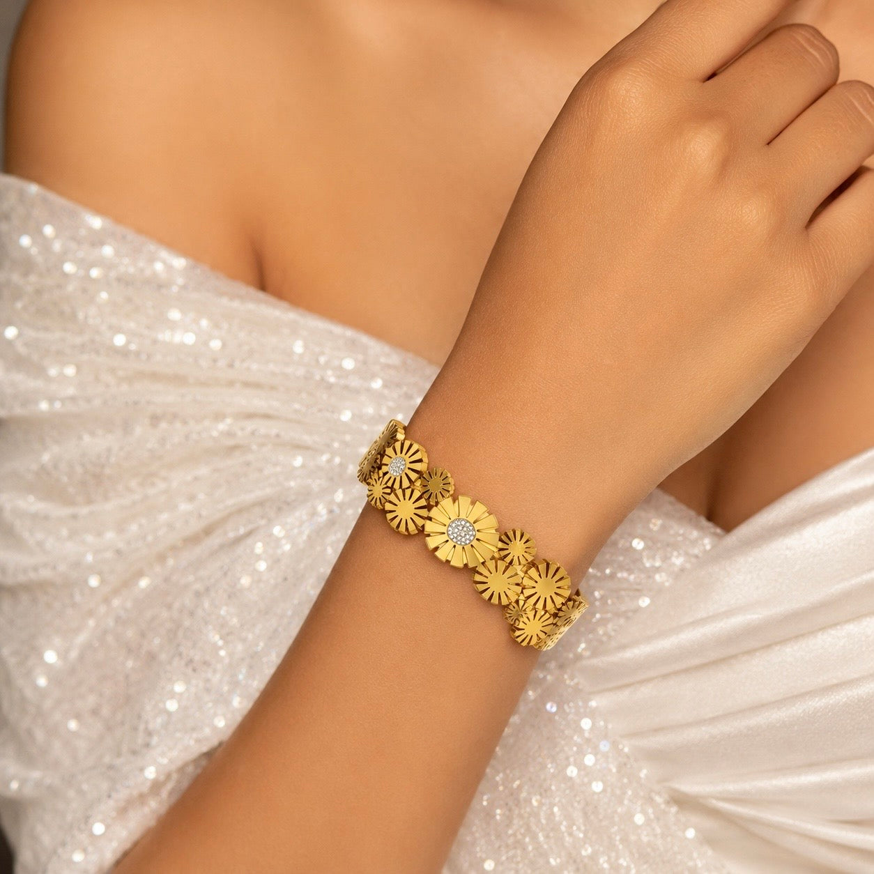Premium Gold-Plated Floral Motif Anti Tarnish Cuff Bracelet | High Shine Designer Bracelet