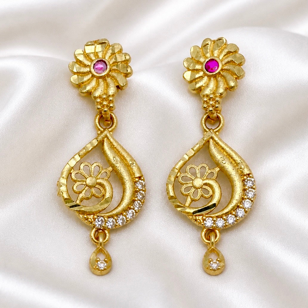 Floral Ruby & AD Drop Earrings – Micro plated Gold Elegance
