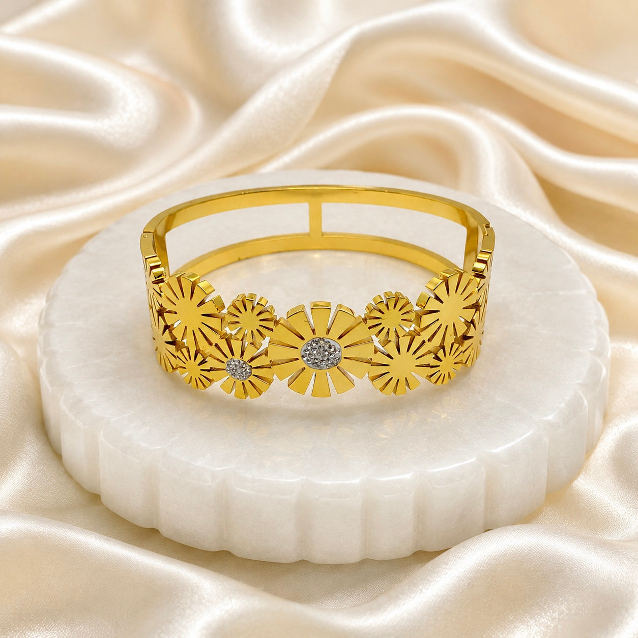 Premium Gold-Plated Floral Motif Anti Tarnish Cuff Bracelet | High Shine Designer Bracelet