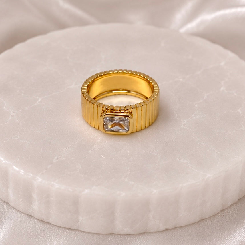 Rose Gold Plated Ribbed Statement Ring with Rectangular AD Stone | Anti Tarnish Designer Ring