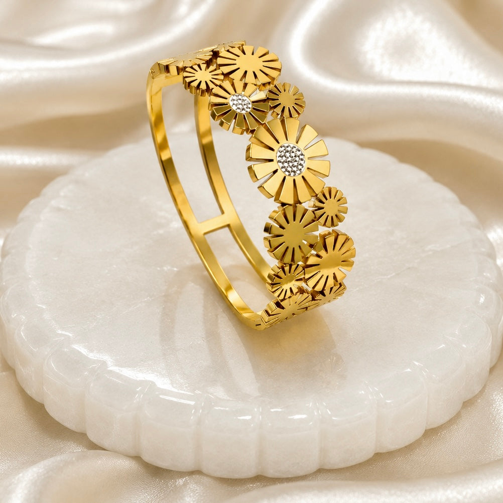 Premium Gold-Plated Floral Motif Anti Tarnish Cuff Bracelet | High Shine Designer Bracelet