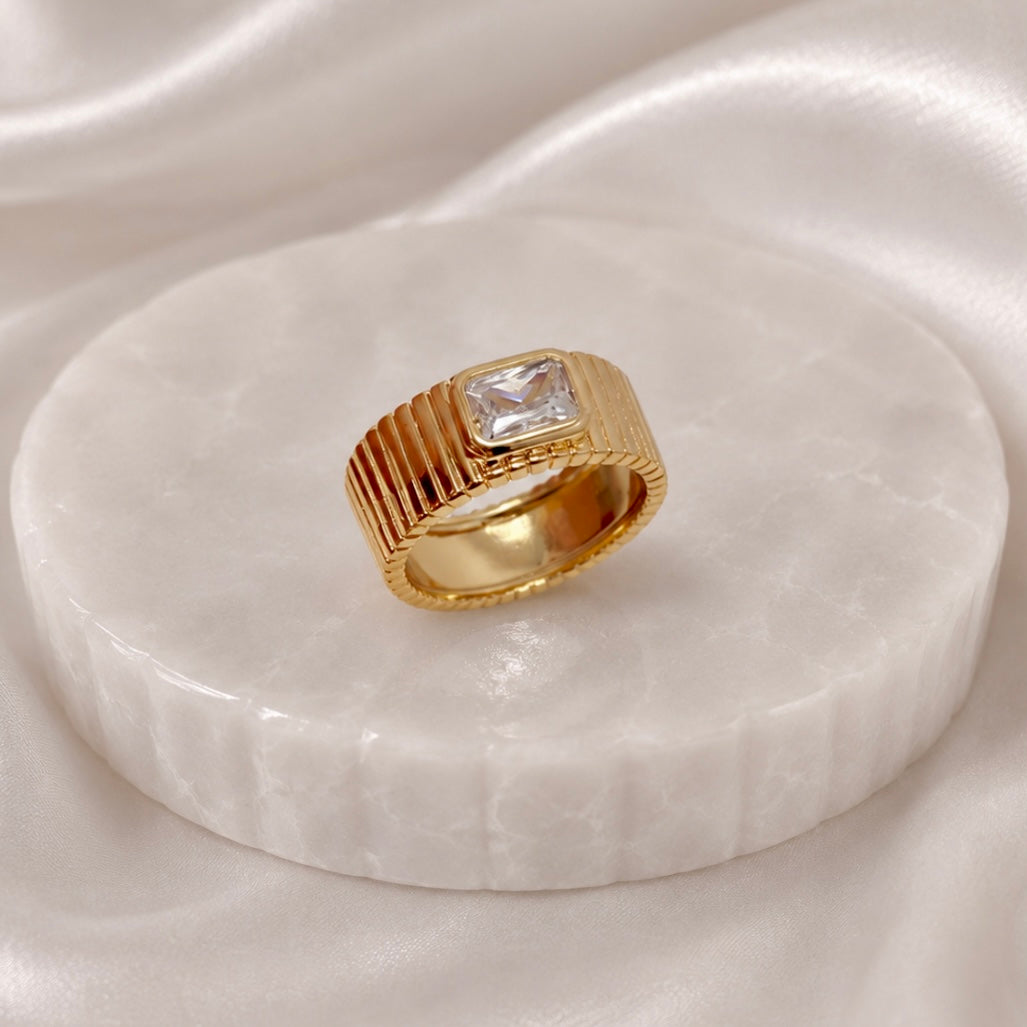 Rose Gold Plated Ribbed Statement Ring with Rectangular AD Stone | Anti Tarnish Designer Ring