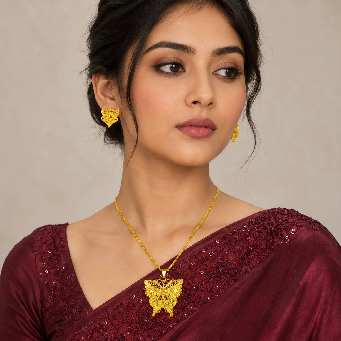 Butterfly Motif Pendant Necklace Set | Micro Gold Plated Handcrafted Jewellery with Earrings