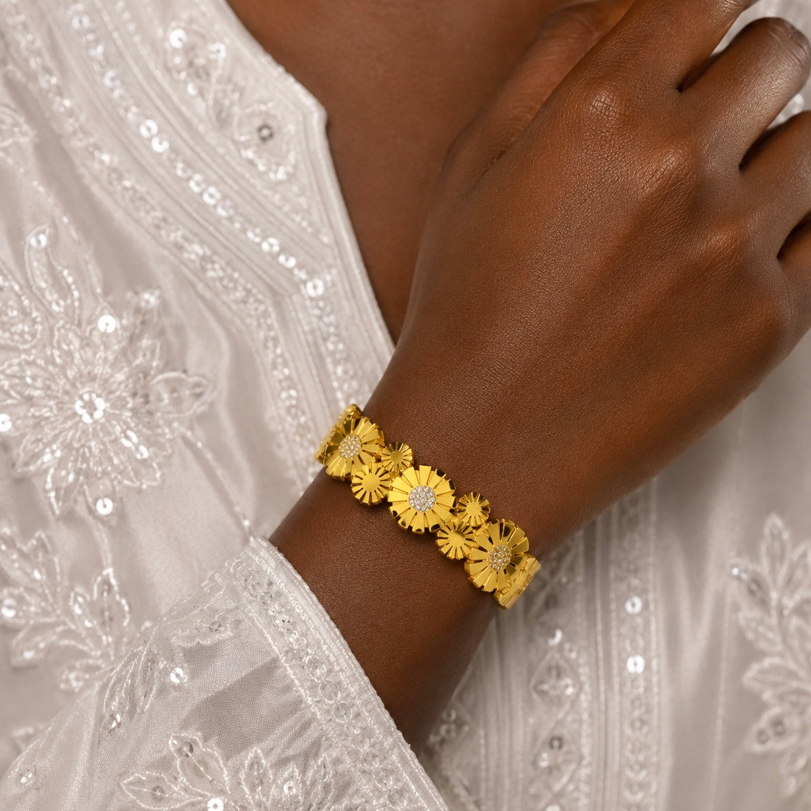 Premium Gold-Plated Floral Motif Anti Tarnish Cuff Bracelet | High Shine Designer Bracelet