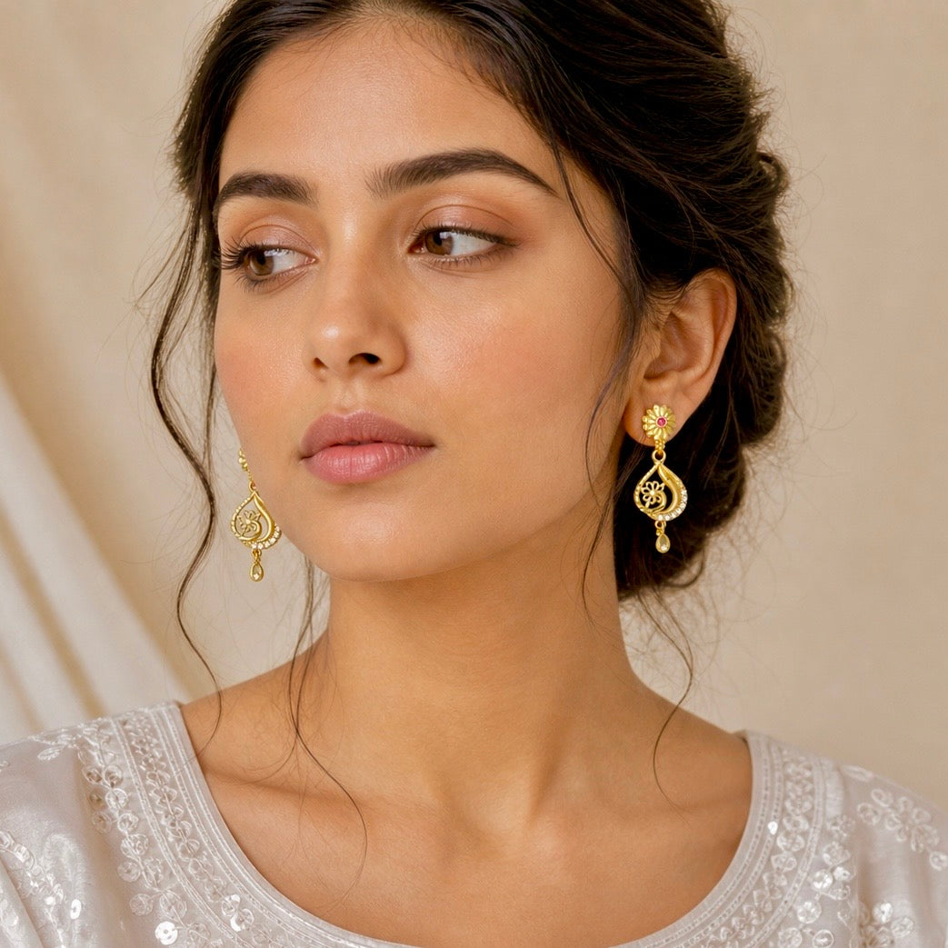 Floral Ruby & AD Drop Earrings – Micro plated Gold Elegance