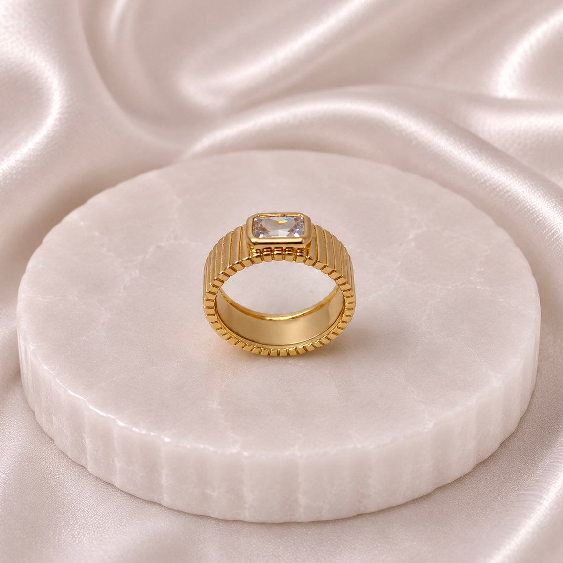 Rose Gold Plated Ribbed Statement Ring with Rectangular AD Stone | Anti Tarnish Designer Ring