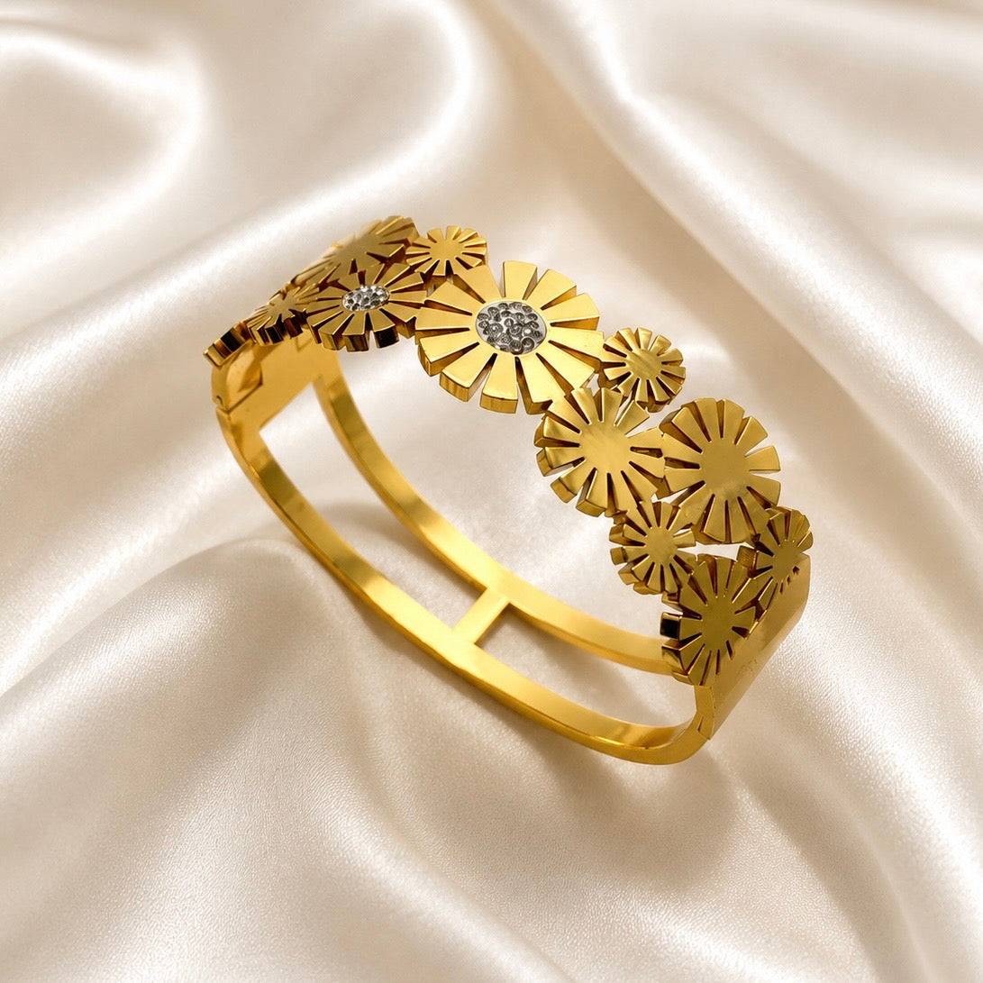 Premium Gold-Plated Floral Motif Anti Tarnish Cuff Bracelet | High Shine Designer Bracelet