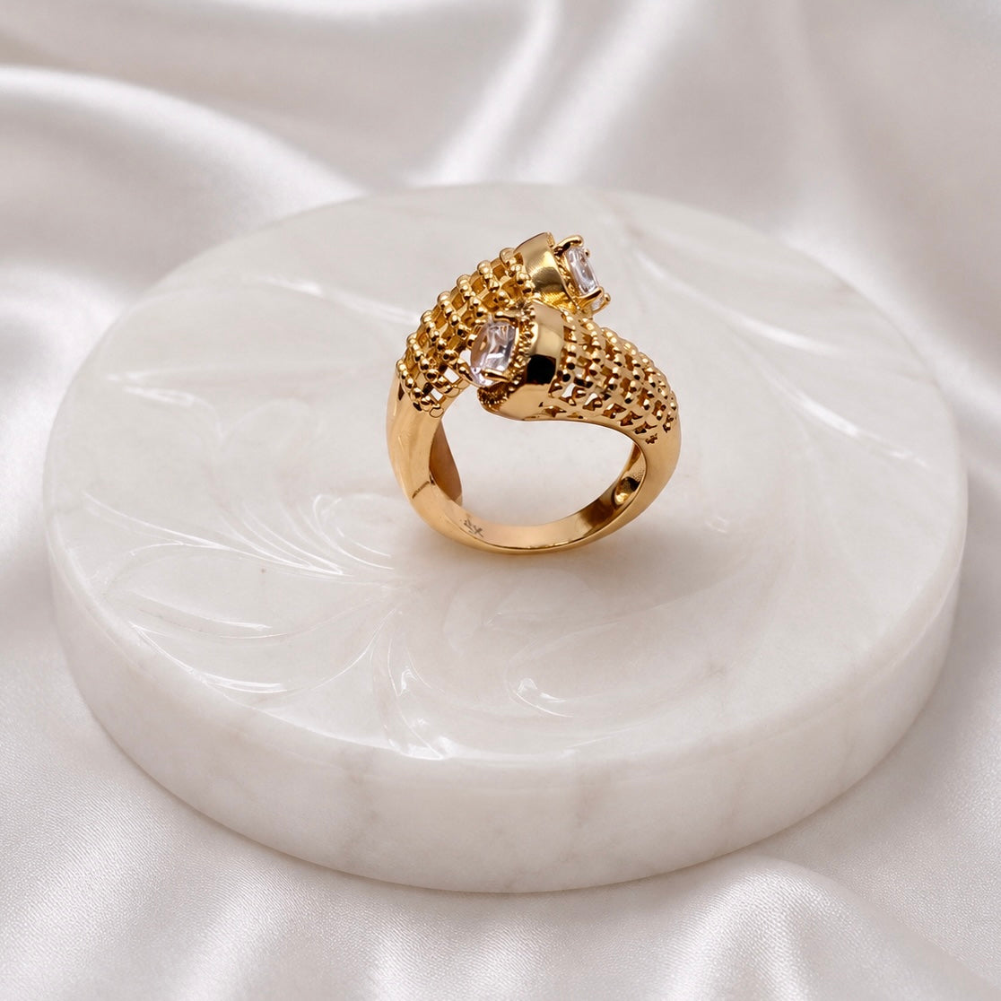 18K Gold Plated Dual AD Stone Statement Ring | Anti Tarnish Designer Ring