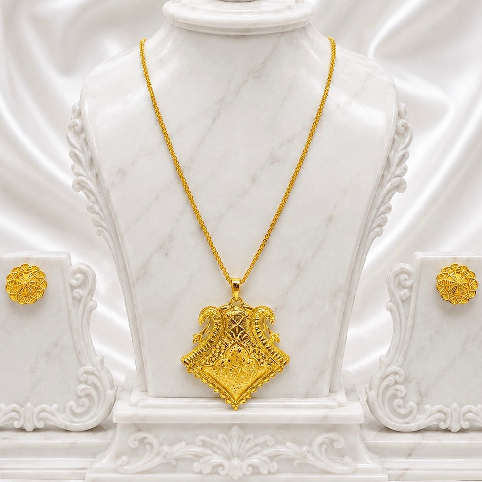 Temple Swan Dual Motif Pendant Necklace Set | Micro Gold Plated Handcrafted Jewellery with Earrings