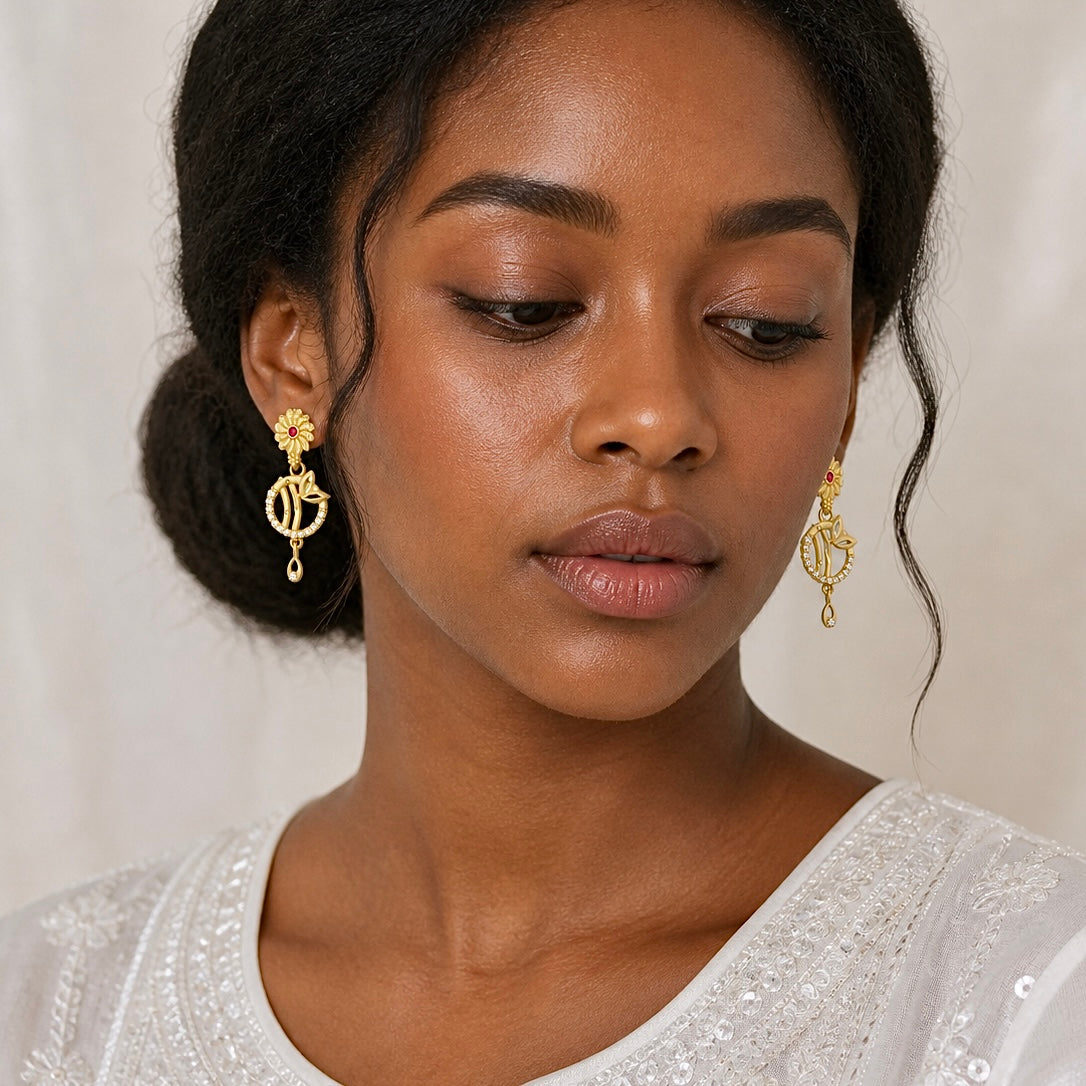 Ruby Floral AD Drop Earrings – Elegant Daily Wear Gold Plated Pair