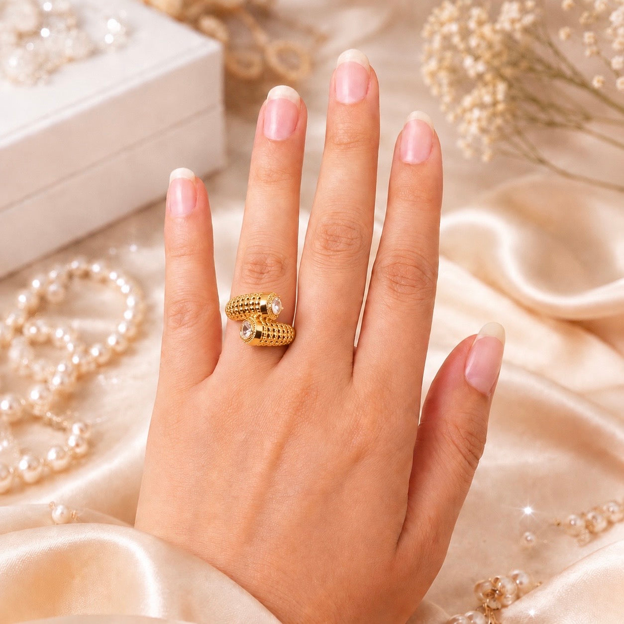 18K Gold Plated Dual AD Stone Statement Ring | Anti Tarnish Designer Ring
