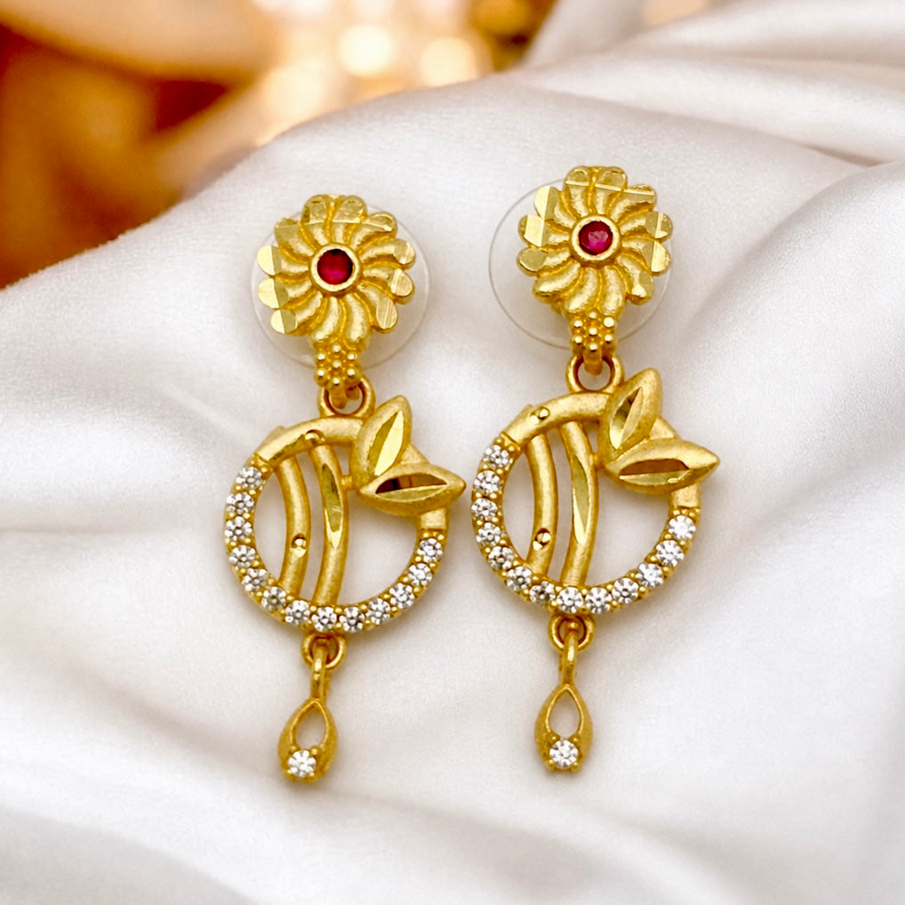 Ruby Floral AD Drop Earrings – Elegant Daily Wear Gold Plated Pair