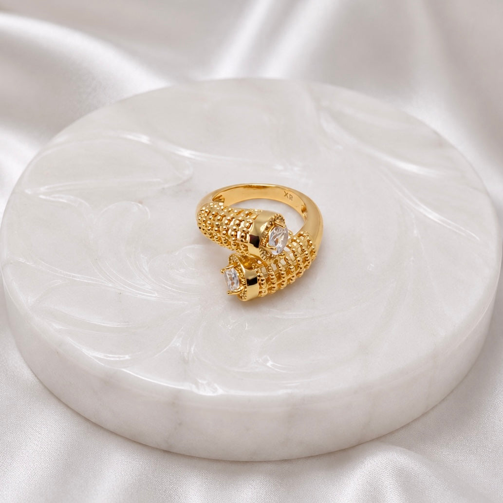 18K Gold Plated Dual AD Stone Statement Ring | Anti Tarnish Designer Ring