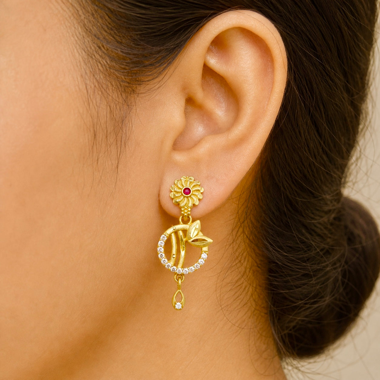 Ruby Floral AD Drop Earrings – Elegant Daily Wear Gold Plated Pair