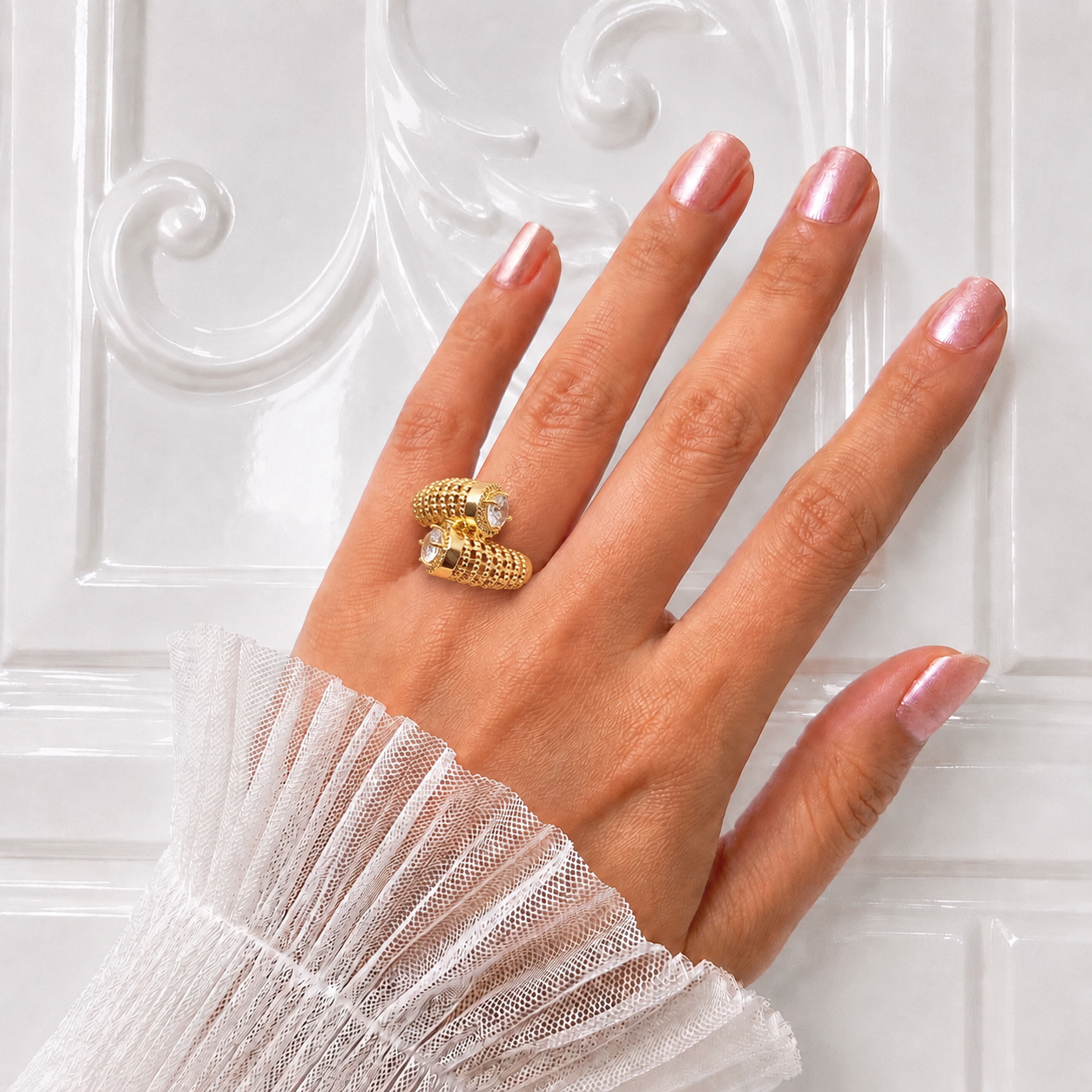 18K Gold Plated Dual AD Stone Statement Ring | Anti Tarnish Designer Ring