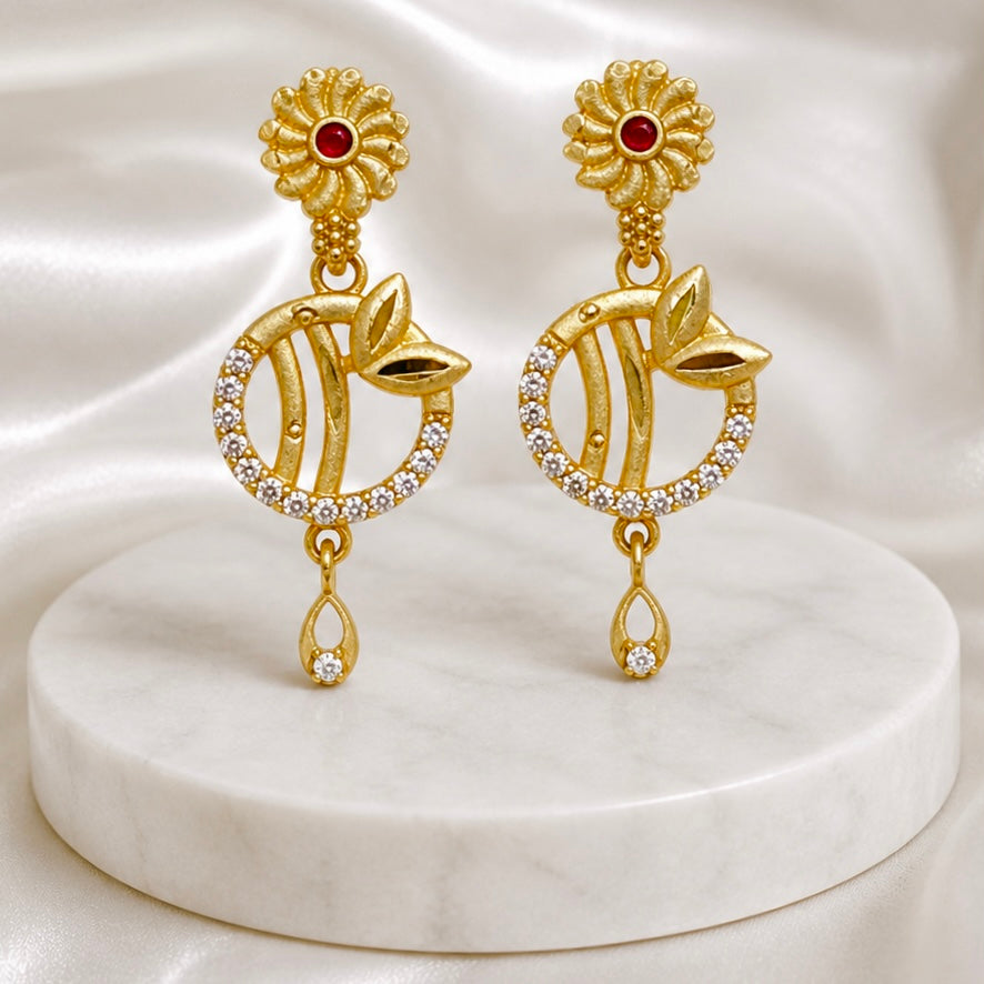 Ruby Floral AD Drop Earrings – Elegant Daily Wear Gold Plated Pair