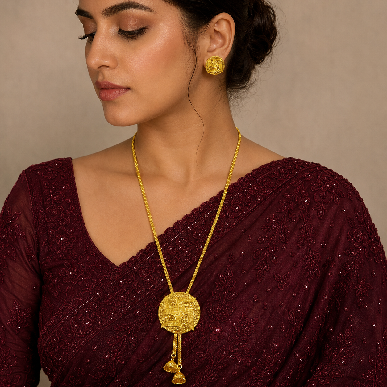 Auspicious Swastik Temple Tie Chain Necklace Set | Micro Gold Plated Traditional Jewellery