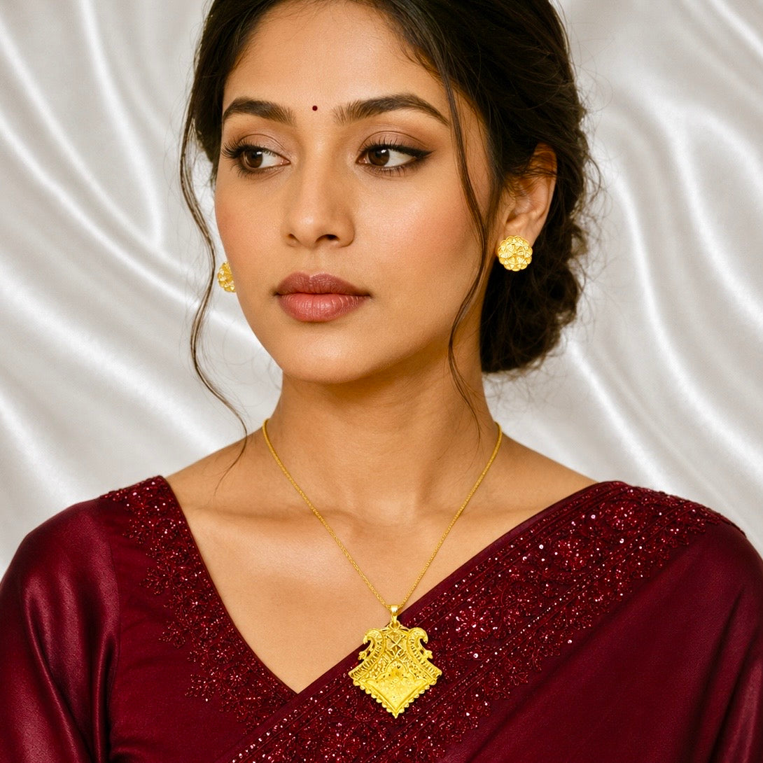 Temple Swan Dual Motif Pendant Necklace Set | Micro Gold Plated Handcrafted Jewellery with Earrings