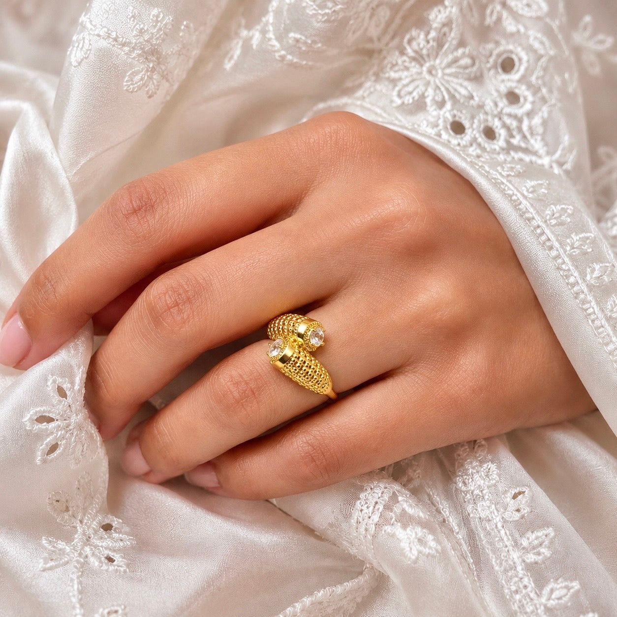 18K Gold Plated Dual AD Stone Statement Ring | Anti Tarnish Designer Ring