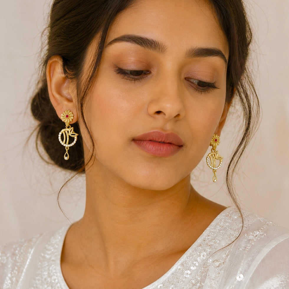 Ruby Floral AD Drop Earrings – Elegant Daily Wear Gold Plated Pair