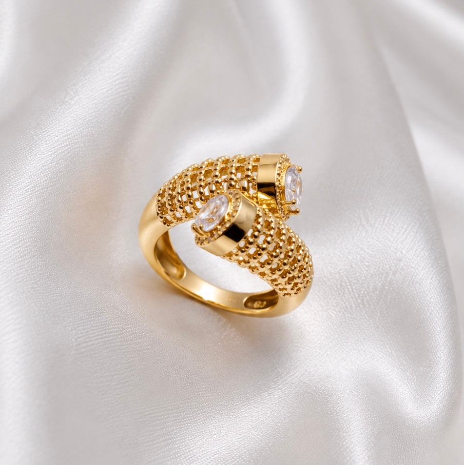 18K Gold Plated Dual AD Stone Statement Ring | Anti Tarnish Designer Ring