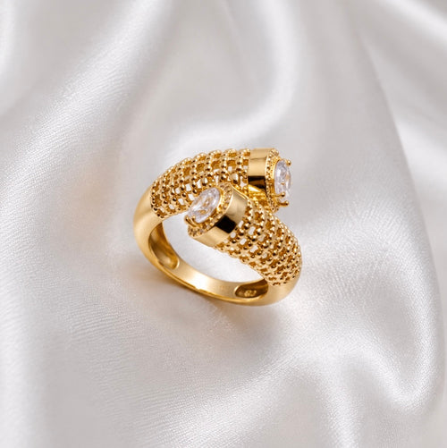 18K Gold Plated Dual AD Stone Statement Ring | Anti Tarnish Designer Ring