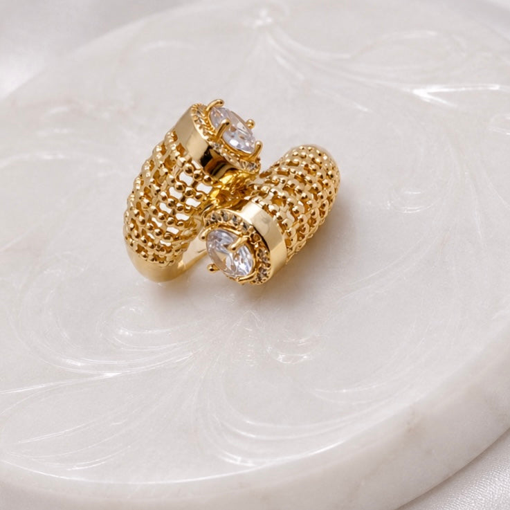 18K Gold Plated Dual AD Stone Statement Ring | Anti Tarnish Designer Ring