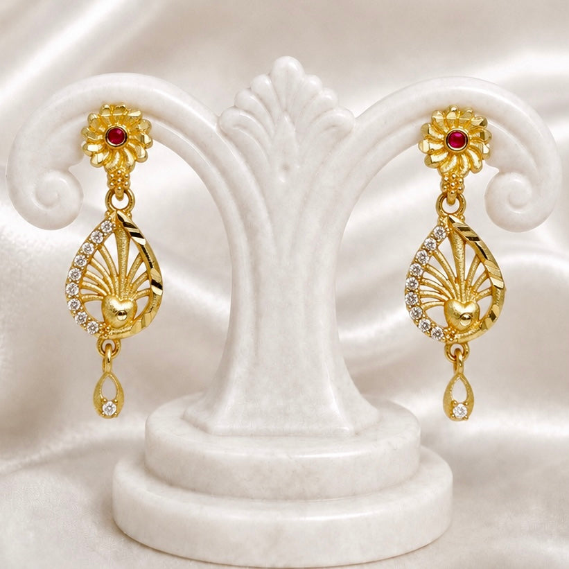 Floral Ruby & AD Teardrop Gold Earrings – Micro plated Daily Wear Designer Pair