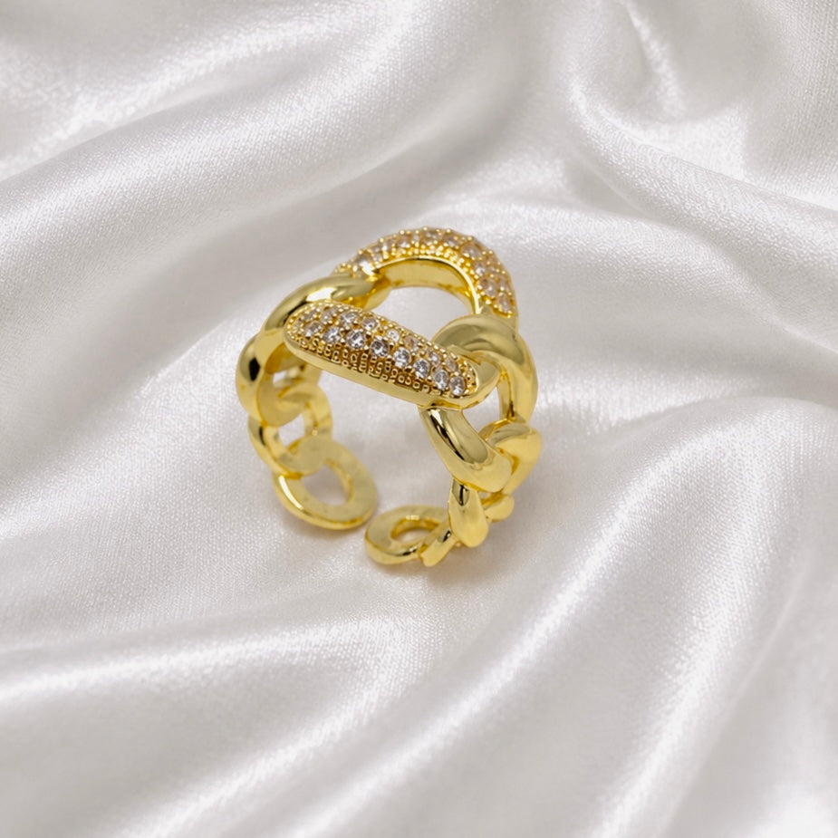 18K Gold Plated Chunky Chain Ring with Premium AD Stones | Anti Tarnish Statement Ring