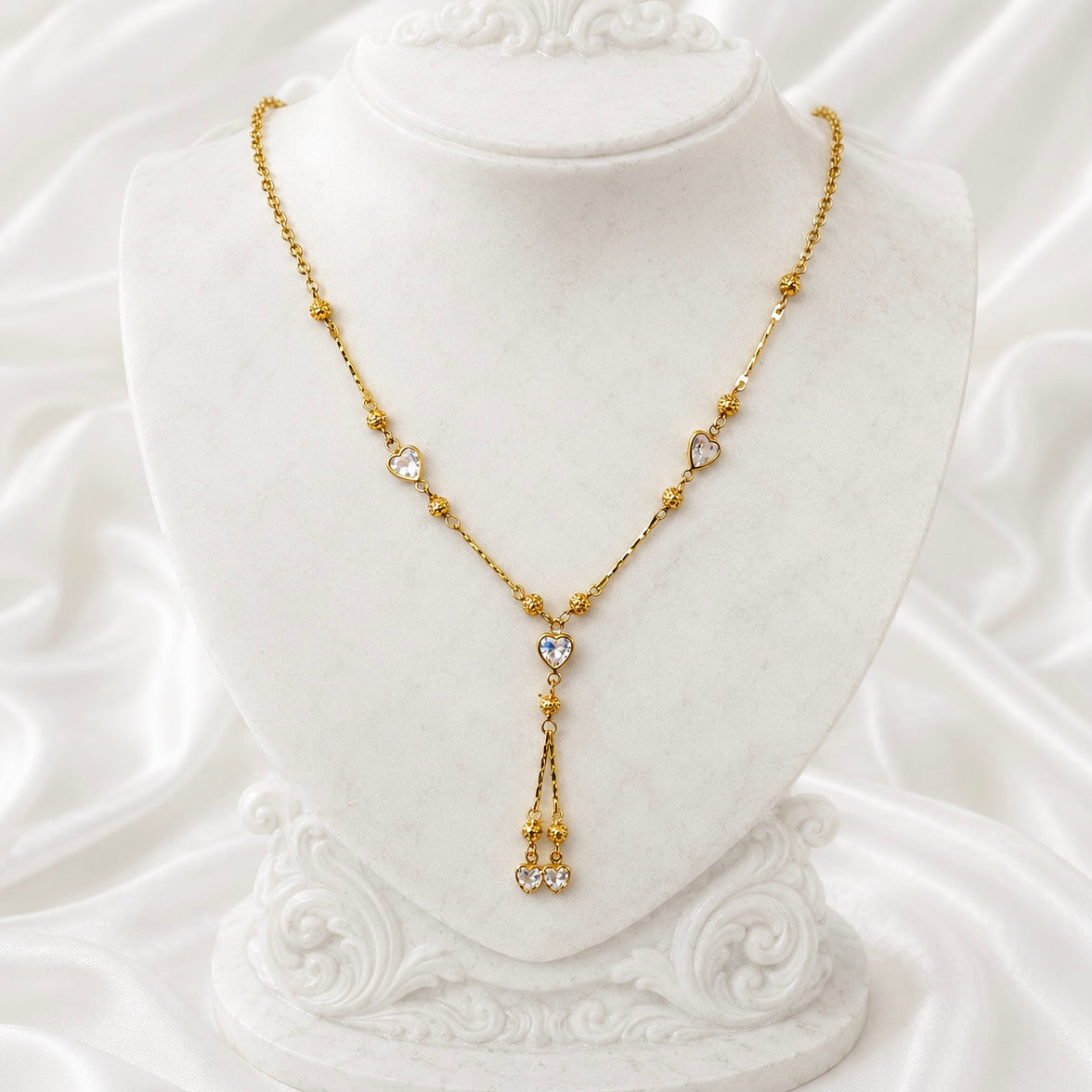 18K Gold Plated Crystal Heart Necklace | Anti Tarnish Beaded Tassel Chain Necklace